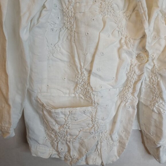 Chico's Linen Blazer Women's XL White Ruched Front Eyelet Mother of Pearl Button - Picture 3 of 15